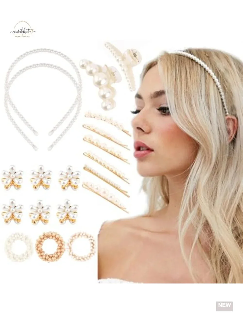19pcs Pearl Hair Accessories Set with Claw Clips Bobby Pins Headbands Ties